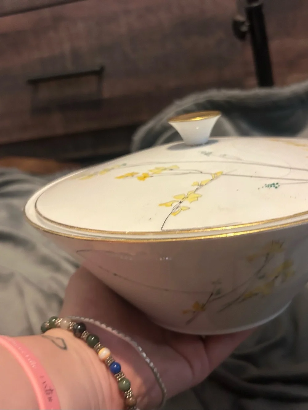 Porcelain Lidded Serving Bowl with Gold Trim and Yellow Floral Motif